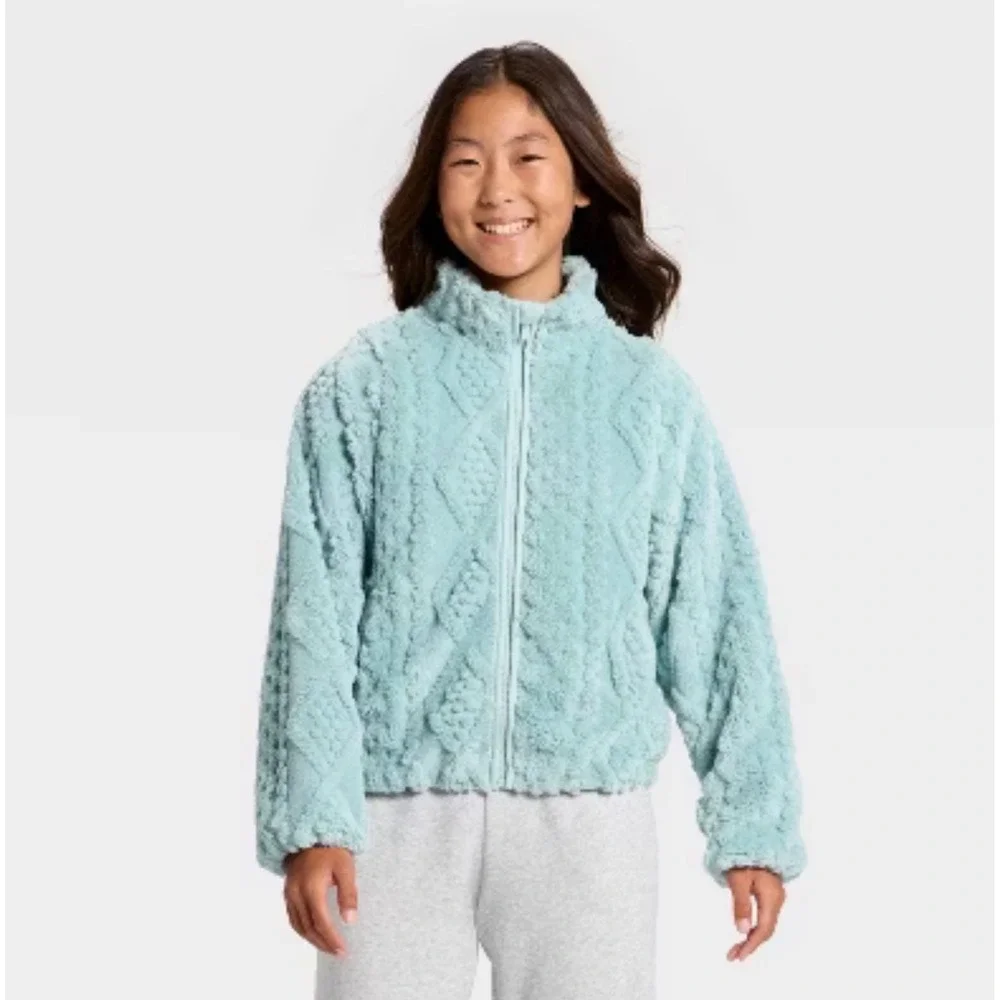 All in Motion Girls High Pile Fleece Full Zip Jacket Spring Sky Blue XS 4/5 NWT